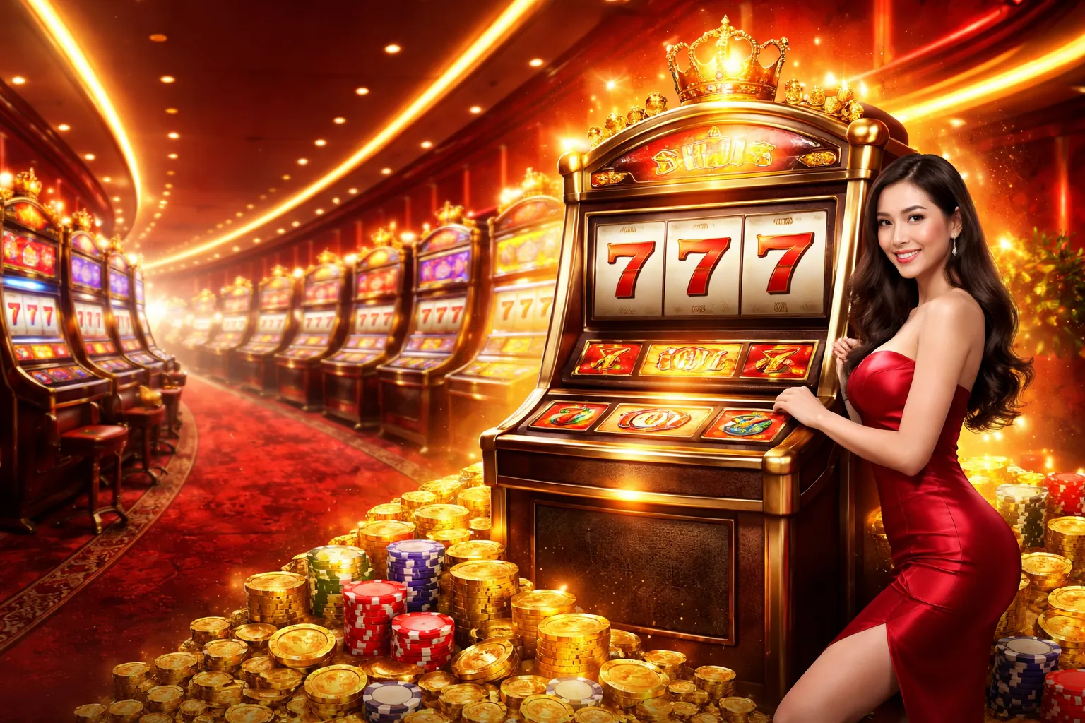 Máy đánh bạc tại 18win casino với tiền vàng và biểu tượng chiến thắng